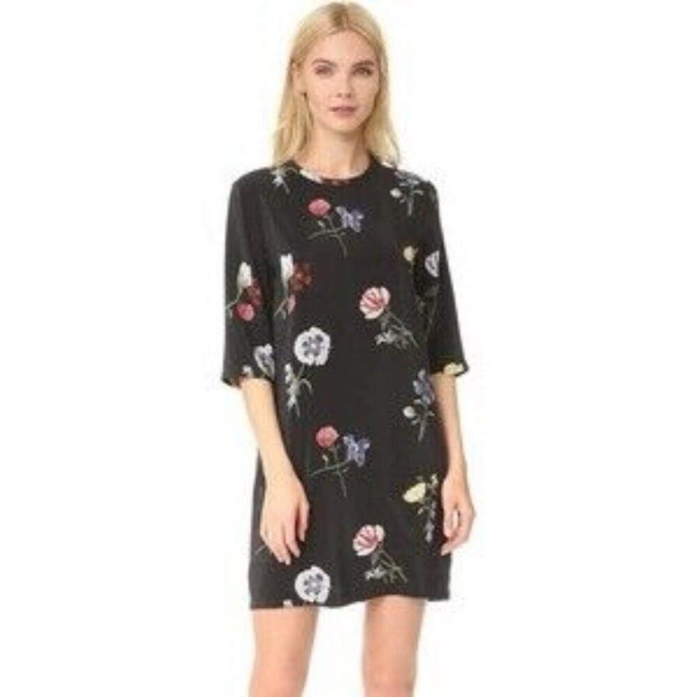 Equipment Aubrey Black 100% Silk Floral Dress Size L